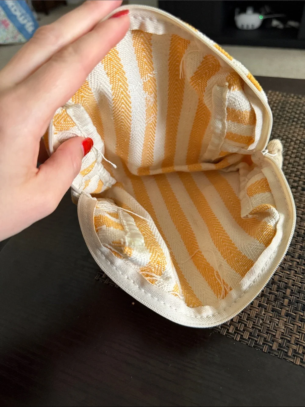 Clarins Golden Yellow and White Striped Travel Cosmetic Pouch